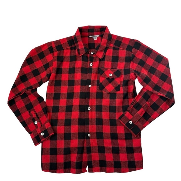 Bienzoe Boy's Buffalo Red and Black Plaid Flannel Button Down Shirt Size 11-12yr - Picture 1 of 7